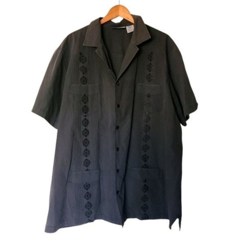 Kingsize Black Button Up Shirt 2XL Embroidered‎ Pocket Short Sleeve